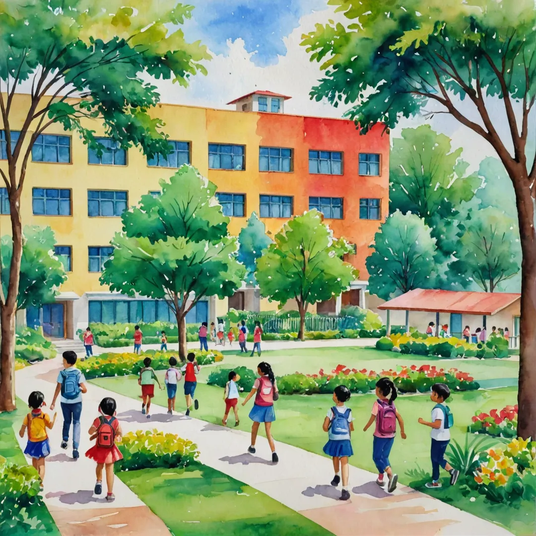 chool campus, students playing, colorful buildings, trees, lush greenery, happy faces, diverse group of children, outdoor activities, educational excellence