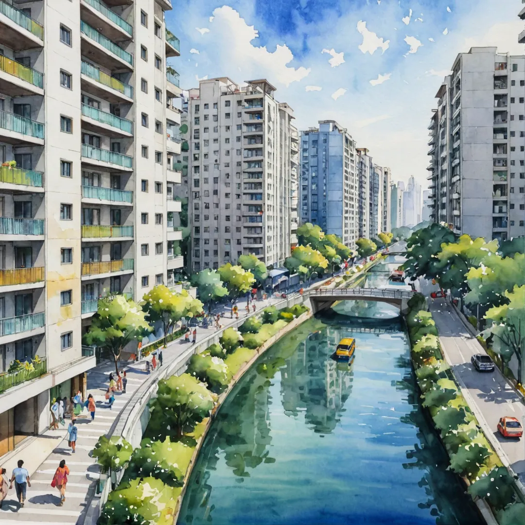 ommuting, convenience, cityscape, work-life balance, nature integration, residential area, open spaces, bustling tech hub, transport links, nearby amenities, relaxation, modern living, shared facilities