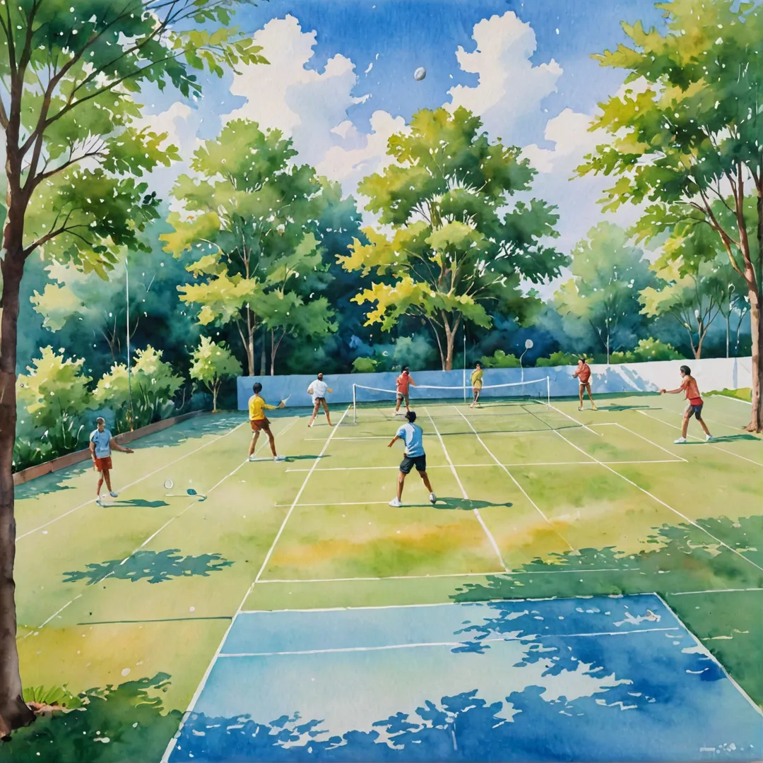 atercolor painting of a group of residents playing badminton, the court featuring vibrant colors and well-maintained lines, while the surrounding area exhibits lush greenery and a serene atmosphere. The players are engaged in friendly competition, their movements fluid and energetic as they attempt to score points against one another under a clear blue sky dotted with white clouds.