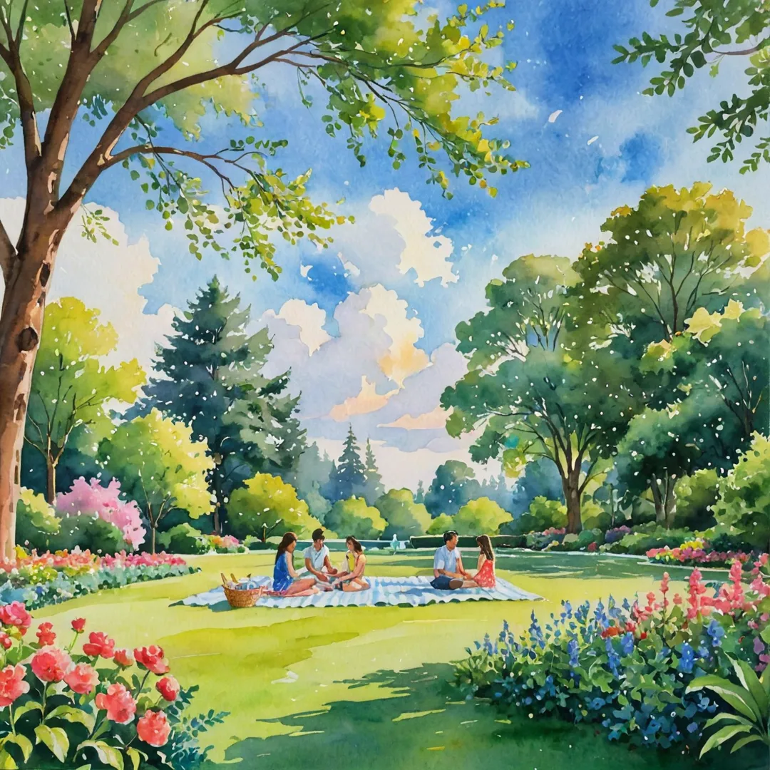 atercolor painting of a family having a picnic in a lush green park, surrounded by colorful flowers and tall trees. The sky is blue with fluffy clouds, and the sun shines down on them, creating a warm and serene atmosphere. The family members are engaged in various activities, such as eating delicious food, playing badminton, and swimming in the pool. In the background, there's a glimpse of a modern, luxurious villa with a balcony overlooking the scene.