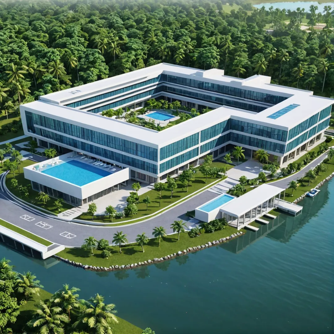 etailed render of a modern hospital building with sleek architecture, surrounded by lush greenery and serene water bodies. The image should showcase various medical facilities within the premises such as an ambulance bay, emergency department entrance, specialized clinics, wellness centers, and a clubhouse featuring a swimming pool and sports courts. The scene should evoke feelings of safety, accessibility, and comfort for Alita residents seeking healthcare services.