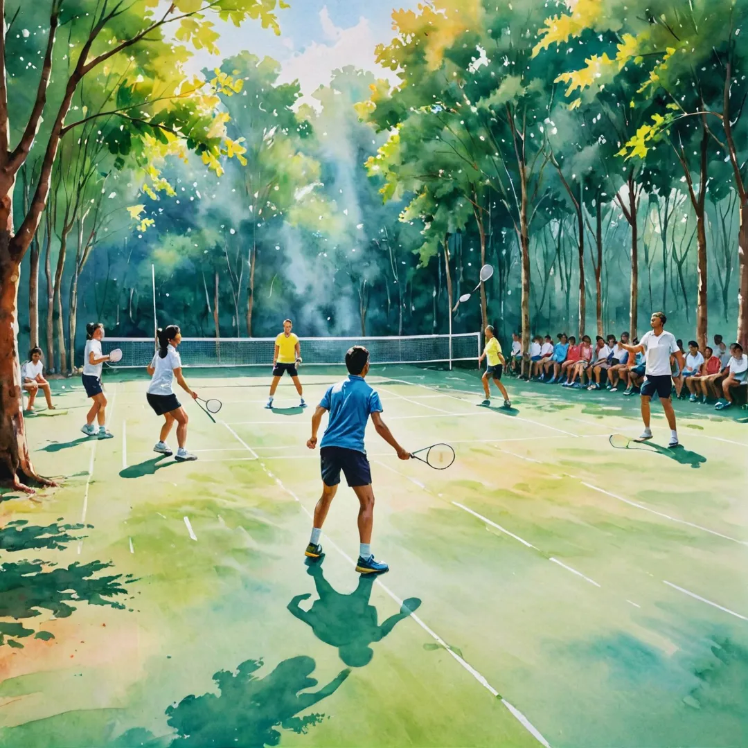 ibrant badminton match in progress, players of different ages and skill levels engaged in a friendly competition, high intensity action on the court, Alita community members interacting and cheering each other on, sunlight filtering through trees in background, watercolor painting style