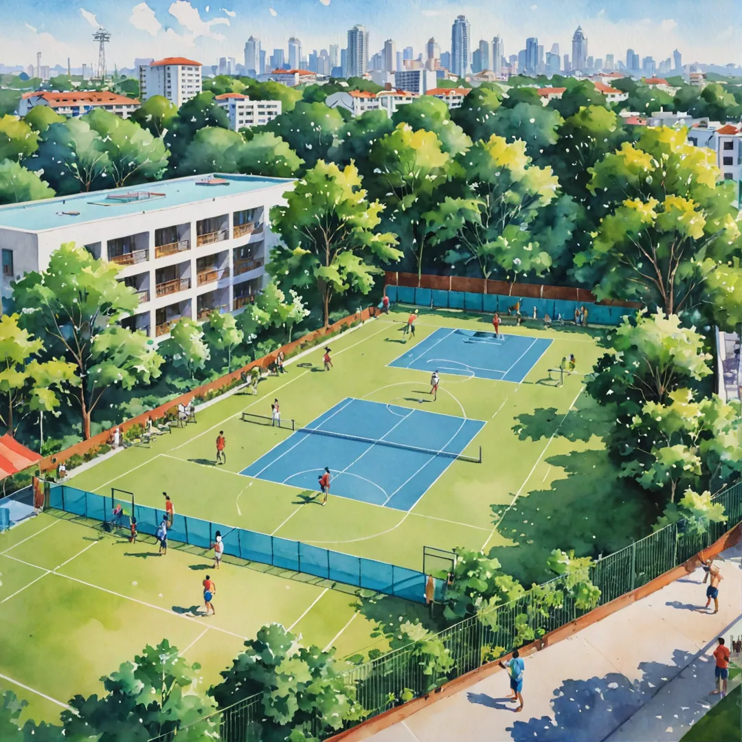 atercolor painting of a vibrant, diverse community gathered around a sports oasis in the heart of the city. The scene depicts people of all ages engaging in various activities, such as playing basketball, badminton, and cricket on state-of-the-art courts and fields. The swimming pool is bustling with swimmers, while others relax by the side enjoying the sunshine. The clubhouse, a hub of social activity, houses a shared workspace lounge where residents collaborate and connect. In the background, the cityscape provides a beautiful contrast to the lush greenery surrounding the sports complex.