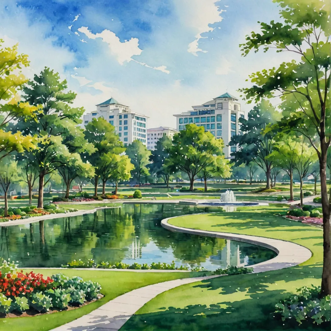 eautiful sunlit scene with a serene green park in the foreground. The camera focuses on an intricately designed civic center area, showcasing its modern architecture and thoughtful planning. The surroundings are meticulously maintained, reflecting the developers' commitment to creating an exceptional living environment for residents.