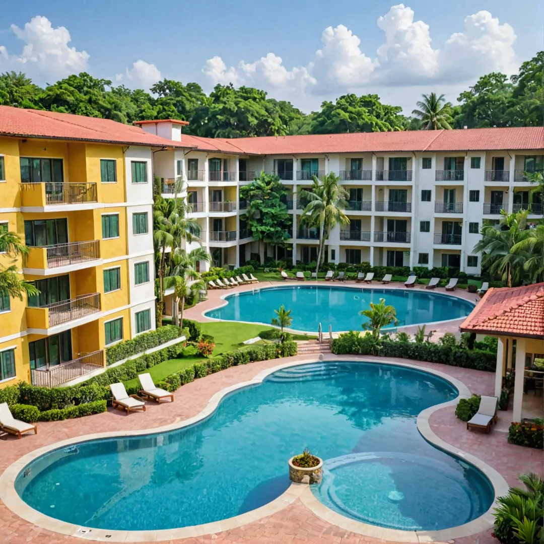 hoto of luxurious apartment complex, vibrant colors, lush greenery, modern architecture, swimming pool, clubhouse, community gathering, socializing, urban living