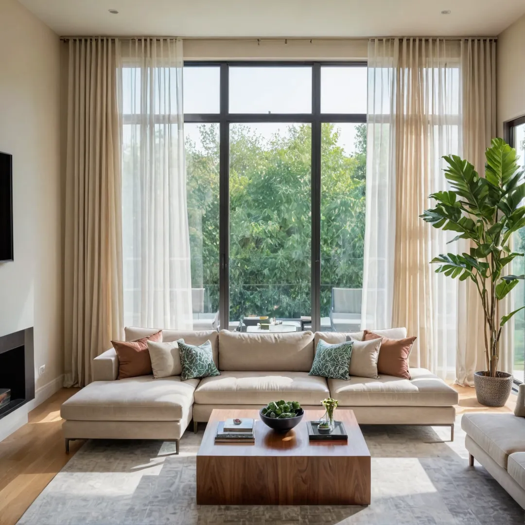 odern living room with floor-to-ceiling windows, offering panoramic views of the nearby tech parks and landscaped gardens. The room is tastefully decorated in neutral tones, featuring plush sofas, a stylish coffee table, and an elegant centerpiece on the mantelpiece. A large flat-screen TV mounted on the wall serves as the focal point for entertainment. Natural light filters through sheer curtains, creating a warm and inviting atmosphere.