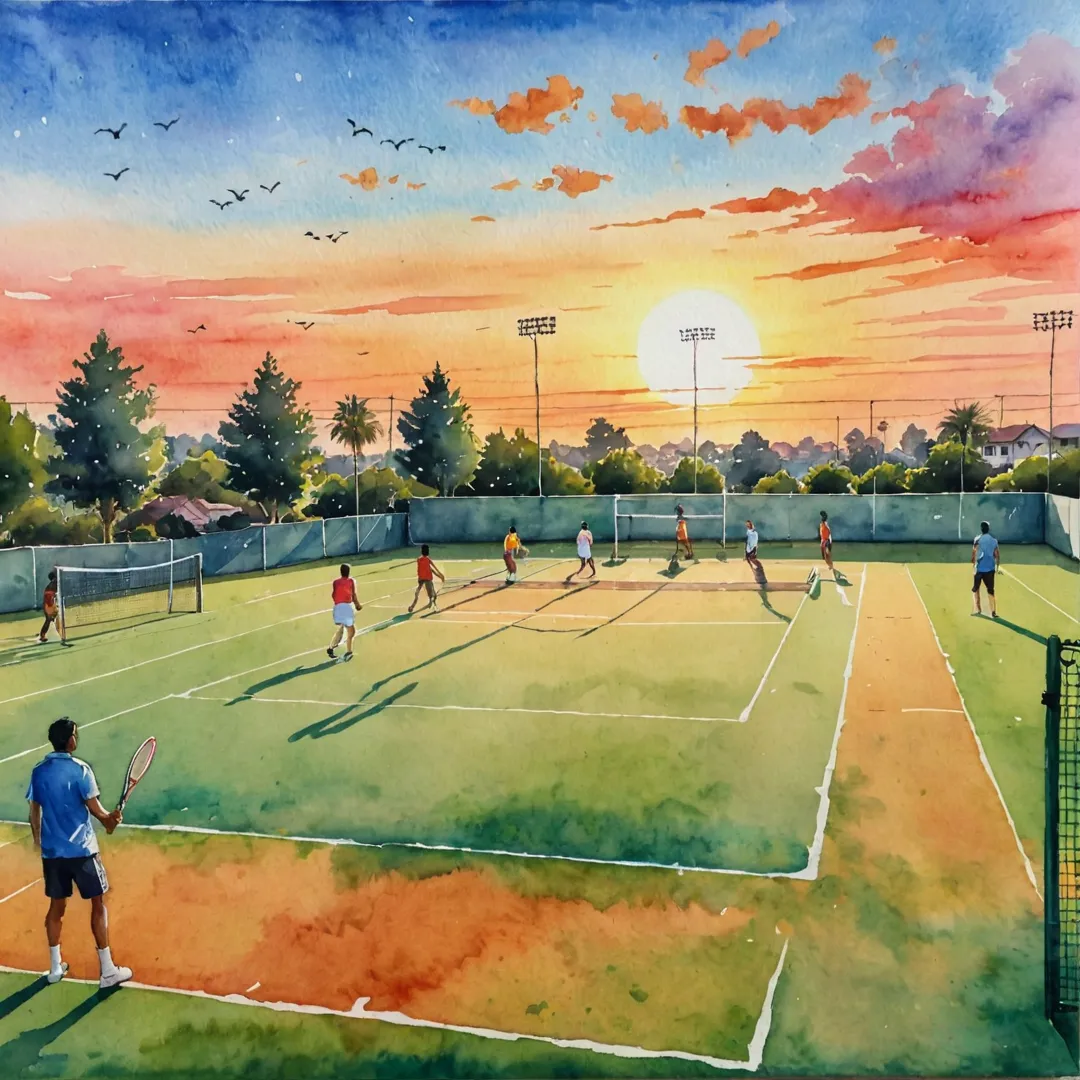 atercolor painting of a sunset over an active gated community sports field, showcasing vibrant hues and blends, with people playing cricket, basketball and badminton in the foreground, the scene filled with laughter and camaraderie