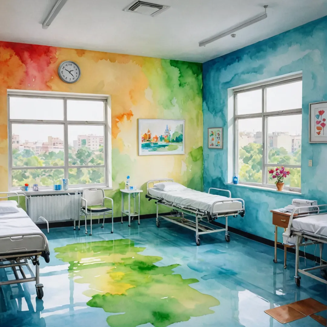 ibrant colors, healthcare facility, water color painting, doctors, nurses, patients, examination room