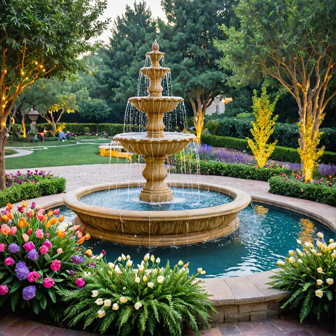 eople gathered around a central fountain, conversing and laughing as they share stories under the warm glow of string lights. Vibrant flower arrangements adorn the fountain, adding splashes of color to the serene scene. The air is filled with the scent of blooming jasmines and lavenders, creating an aromatic ambiance. Water cascades down the fountain, providing a soothing soundtrack for the intimate gathering.