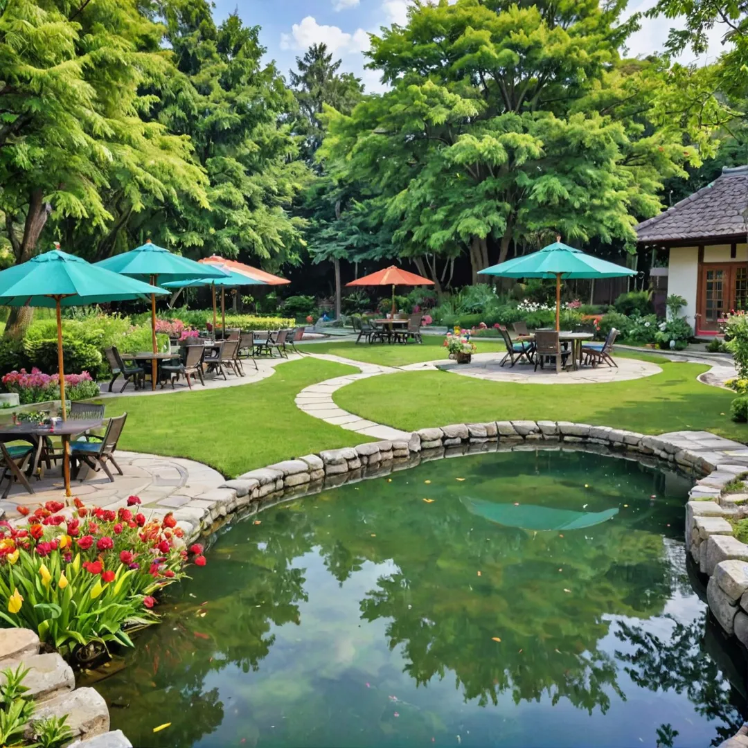 esidents enjoying a picnic on the lush green lawn, surrounded by colorful umbrellas providing shade from the sun, as they engage in conversations and laughter. The scene is filled with vibrant flowers in full bloom, creating a romantic atmosphere. Children play joyfully on the grassy hills while adults share food on rustic wooden tables. The background features a beautifully landscaped garden with water fountains gently cascading into small ponds inhabited by koi fish. The air is filled with the scent of freshly cut grass and flowers, creating an idyllic ambiance for this communal gathering.