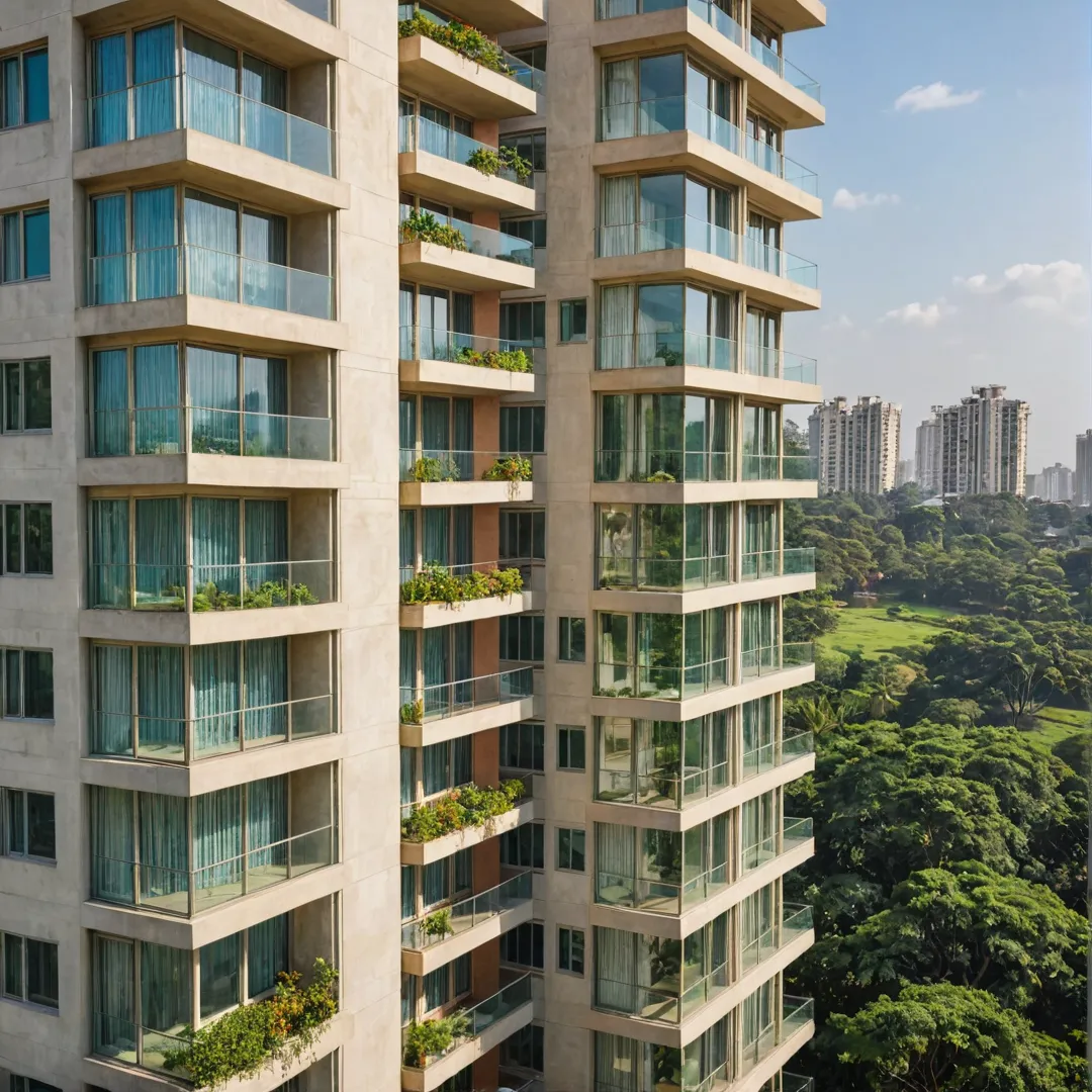 lose-up shot of a modern apartment building in Bangalore East, Alita, with floor-to-ceiling windows showcasing panoramic views of the bustling city skyline and serene parks nearby. The sunlight streams in through the glass, creating warm tones that highlight the sleek architecture and vibrant surroundings. The image captures the essence of luxury living in this rapidly developing area while suggesting a sense of balance between urban convenience and natural beauty.