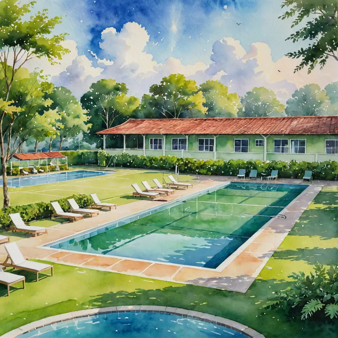 atercolor painting of a vibrant green landscape, blending seamlessly with an open-air clubhouse, featuring a swimming pool and badminton courts. The sun peeks through the clouds, casting warm light on the residents who are seen enjoying their leisure time in this serene environment.