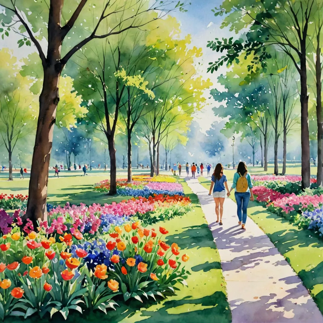 eisurely stroll through a vibrant park, colorful flowers in bloom, happy families and friends enjoying picnics, sunlight filtering through trees, peaceful ambiance.