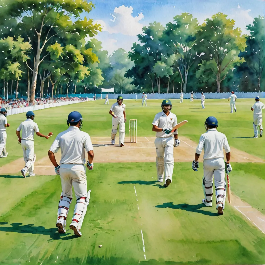 atercolor painting of a colorful cricket match in progress, players running and batting on the field, vibrant green grass, sunny day, blue sky, people cheering from the sidelines, lush trees surrounding the stadium, beautifully painted backdrops, warm colors, community spirit