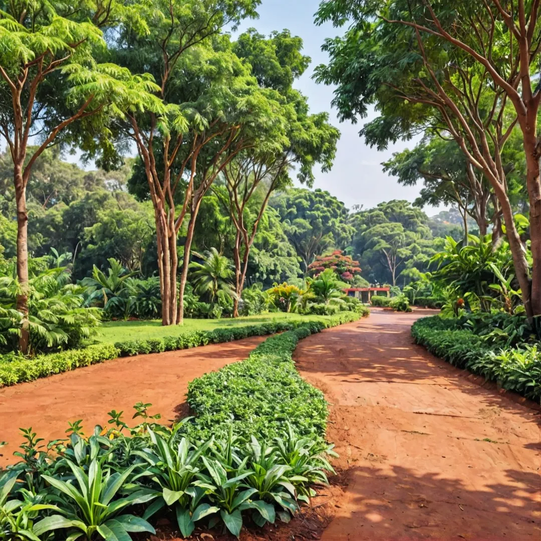 olorful, vibrant, lush green spaces, red soil, nature, community, connection, sustainable, open areas, parks, gardens, shared workspace, modern living, peaceful, serene, artistic, environment, Bangalore East