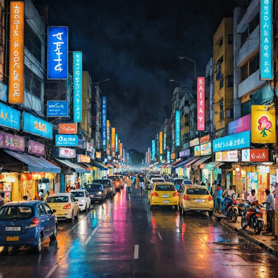 hoto of bustling street in Alita, Bangalore East, at night, vibrant colors, neon signs, modern buildings, crowded sidewalks, street vendors, cars passing by.