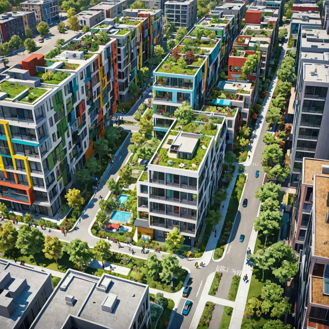 ender of Alita's urban ecosystem, with vibrant colors and clear sky, showcasing sustainable architecture blending harmoniously with nature. The scene includes a diverse population enjoying various amenities such as bike-sharing, green spaces, and community events. Legal documents like property title verification and land conversion certificates are visible in the background, highlighting the transparency of Alita's legal matrix.