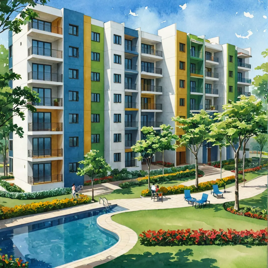 olorful, vibrant, bustling, urban, real estate development, Bangalore East, sustainable, accessible, affordable, purpose-driven design, green spaces, open areas, natural beauty, community spaces, gated park, clubhouse, high quality of life, innovative, modern architecture.