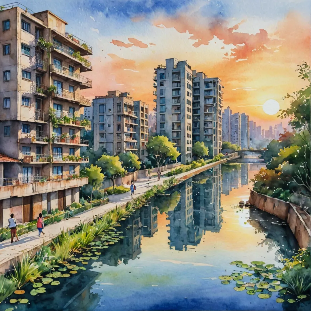 atercolor painting of a beautiful urban landscape at sunset, showcasing the serene and tranquil environment of Alita, with its innovative architecture blending seamlessly into nature, highlighting sustainability and eco-friendly living