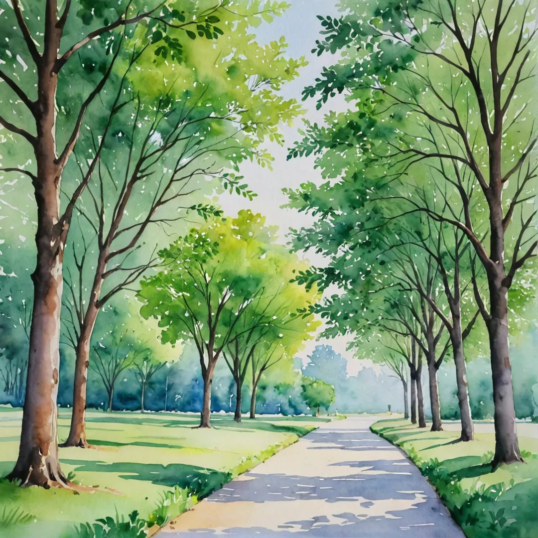 ater color painting of tree park, serene landscape, greenery, harmonious blend, community engagement, ecological awareness