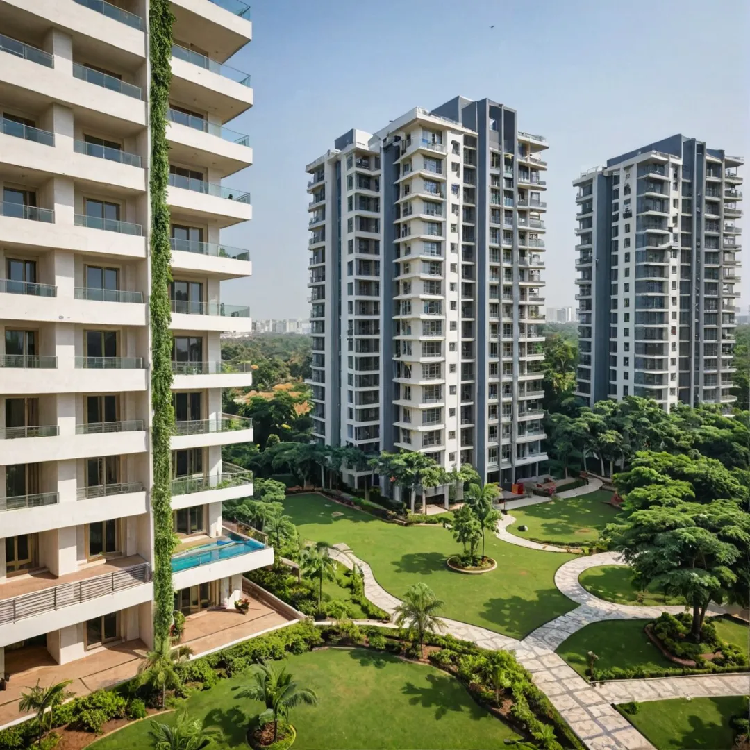 mage of a modern, luxurious apartment complex in East Bangalore, India, with tall buildings and lush greenery surrounding it, capturing the essence of Alita's blend of cosmopolitan culture, IT parks, industrial development, and sustainable living. The photograph should highlight the project's open areas, shared workspaces, and state-of-the-art clubhouse amenities while also showcasing its prime location near major roads, metro lines, and other key infrastructure.