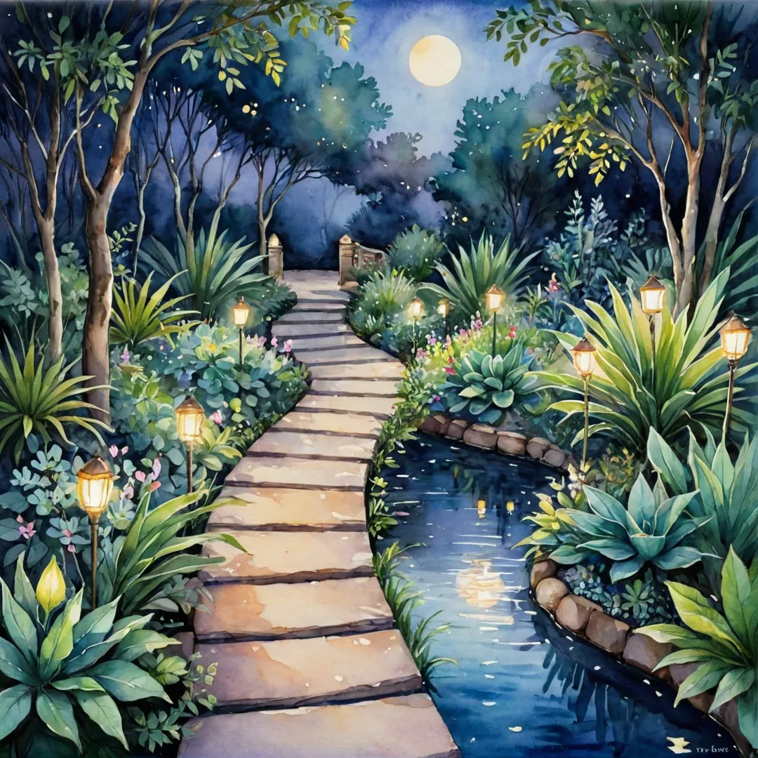 oonlight garden, tranquil, serene, enchanting, whimsical, magical, fairy lights, softly illuminated pathways, evening, night, nature, plants, reflective, emitting light