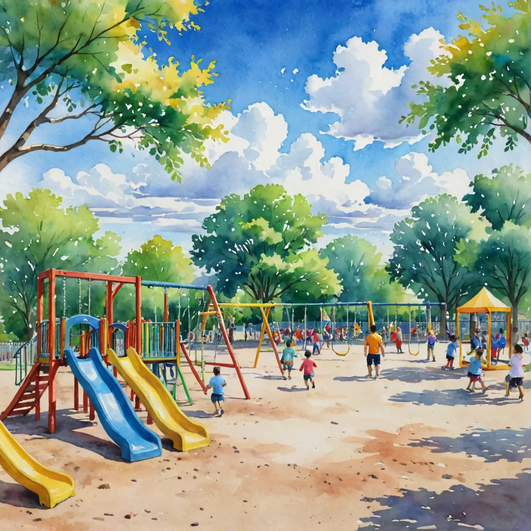 atercolor painting of a vibrant playground with happy children playing, parents watching from nearby benches, and colorful swings, slides, and climbing structures in the background. The sky is blue with fluffy white clouds, and the scene exudes joy, laughter, and learning.