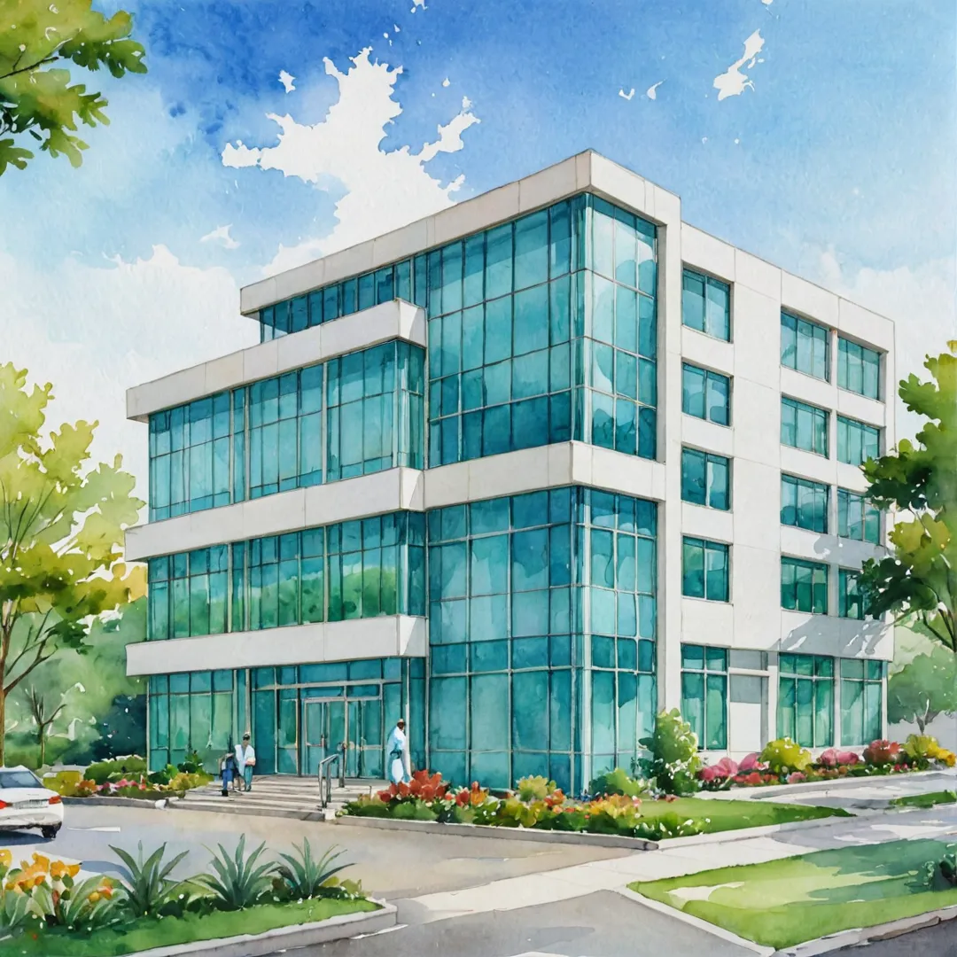 ospital building exterior, modern architecture, glass facade, surrounded by greenery, located in bustling neighborhood, close to residential area, providing high-quality healthcare services.