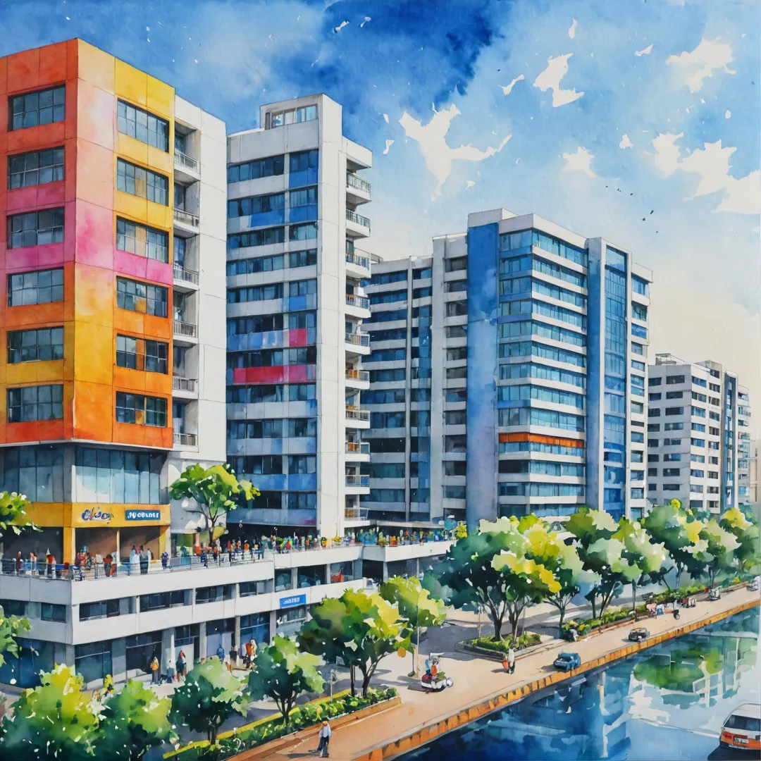 ibrant watercolor painting of a bustling IT hub, tech parks, office buildings, and residential complexes in Whitefield, Bangalore. The artwork captures the essence of Alita's proximity to the thriving tech ecosystem with its colorful hues and dynamic strokes.