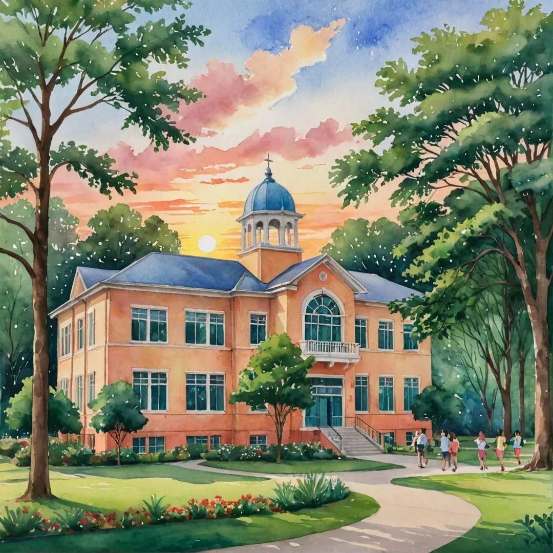 atercolor painting of a beautiful school building surrounded by lush greenery and tall trees, creating a serene environment for learning. The sky is painted with soft pastel colors of the setting sun, casting warm hues over the scene. In the foreground, students can be seen engaged in various activities such as playing on the playground or exploring nature trails. The school building has an inviting architecture, featuring colorful murals and a welcoming entrance.