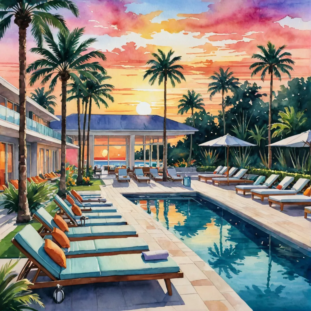 elaxing poolside scene with a vibrant sunset, modern resort-like architecture in the background, luxurious lounge chairs and daybeds around the pool, palm trees swaying gently in the wind, people enjoying themselves with refreshing beverages nearby