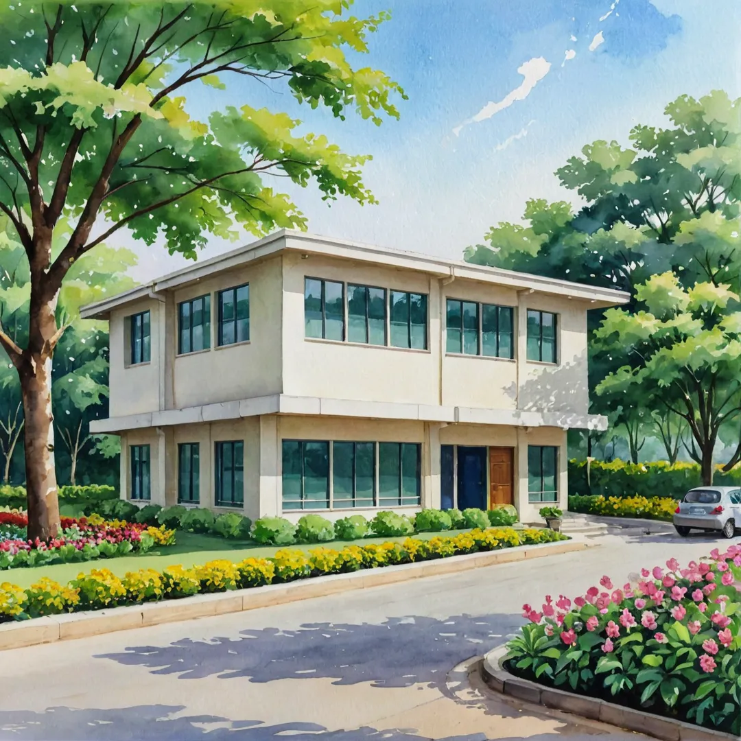 hoto of a modern school building, surrounded by lush greenery and blooming flowers, located in a serene neighborhood with well-maintained roads, capturing the essence of next-generation learning near Alita Development.