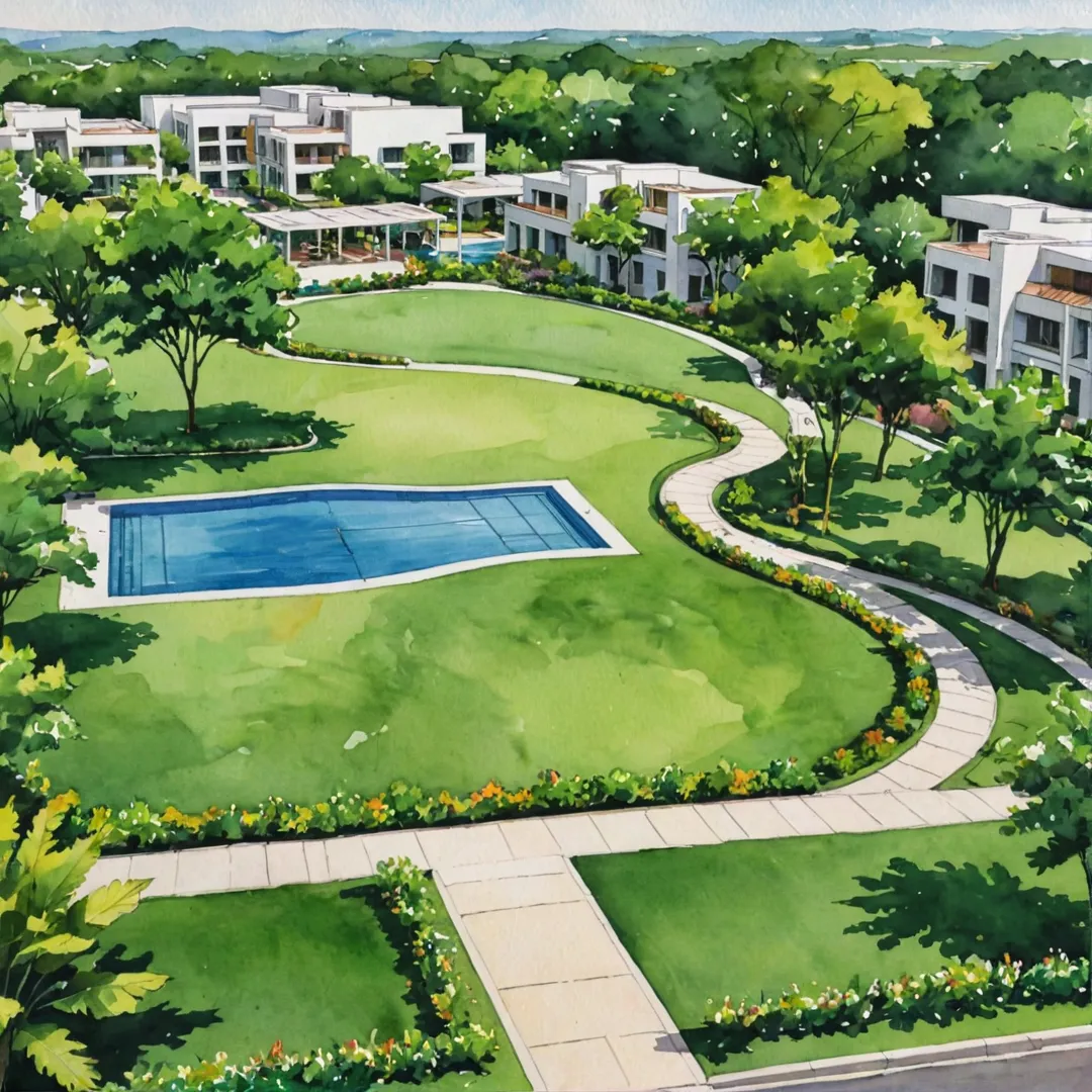 ush green landscape, open areas, modern architecture, harmony with nature, sustainable living, well-designed pathways, natural lighting, ventilation, community interaction, state-of-the-art amenities, swimming pool, badminton courts, clubhouse, diverse flora, strategic drainage system, water management, stormwater harvesting.