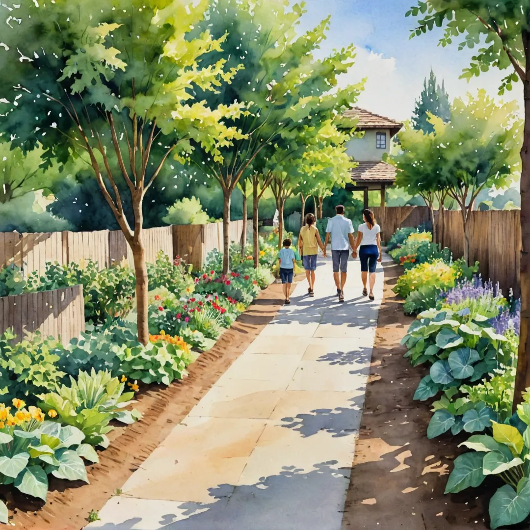  family leisurely walking along a shaded pathway in an aesthetically pleasing community garden. The scene showcases a harmonious blend of natural beauty and essential amenities, with overhead structures offering shelter from the sun.