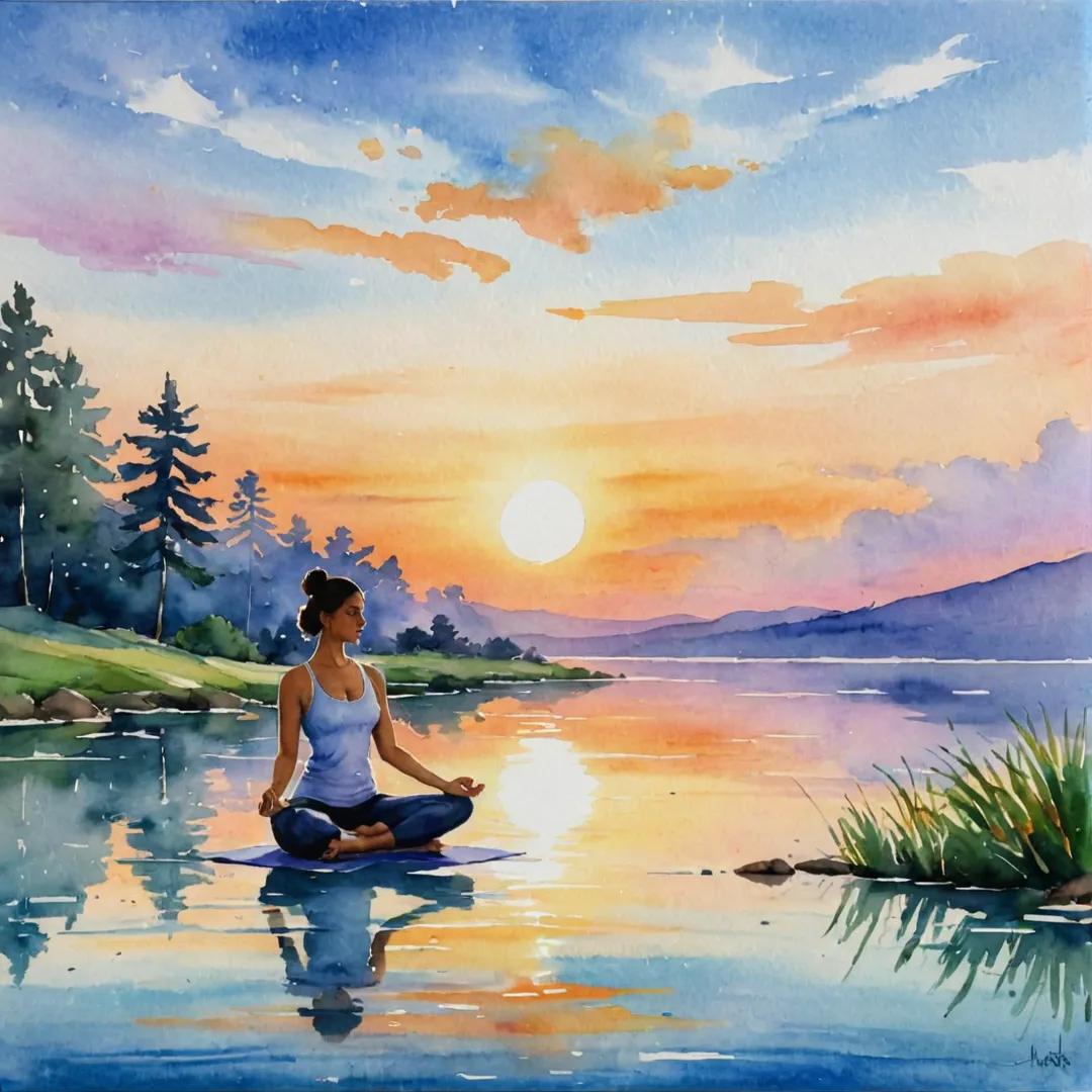 rompt: relaxing yoga session, serene nature, peaceful environment, sunset, gentle breeze, calming colors