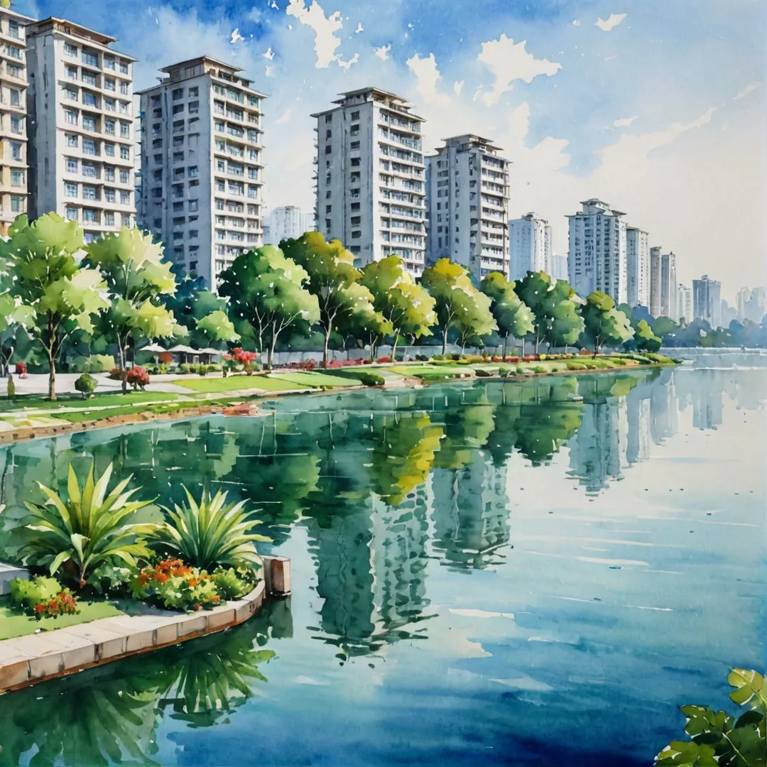 eamless living environment with modern infrastructure, high rise buildings, lush greenery, and serene lakeside views.