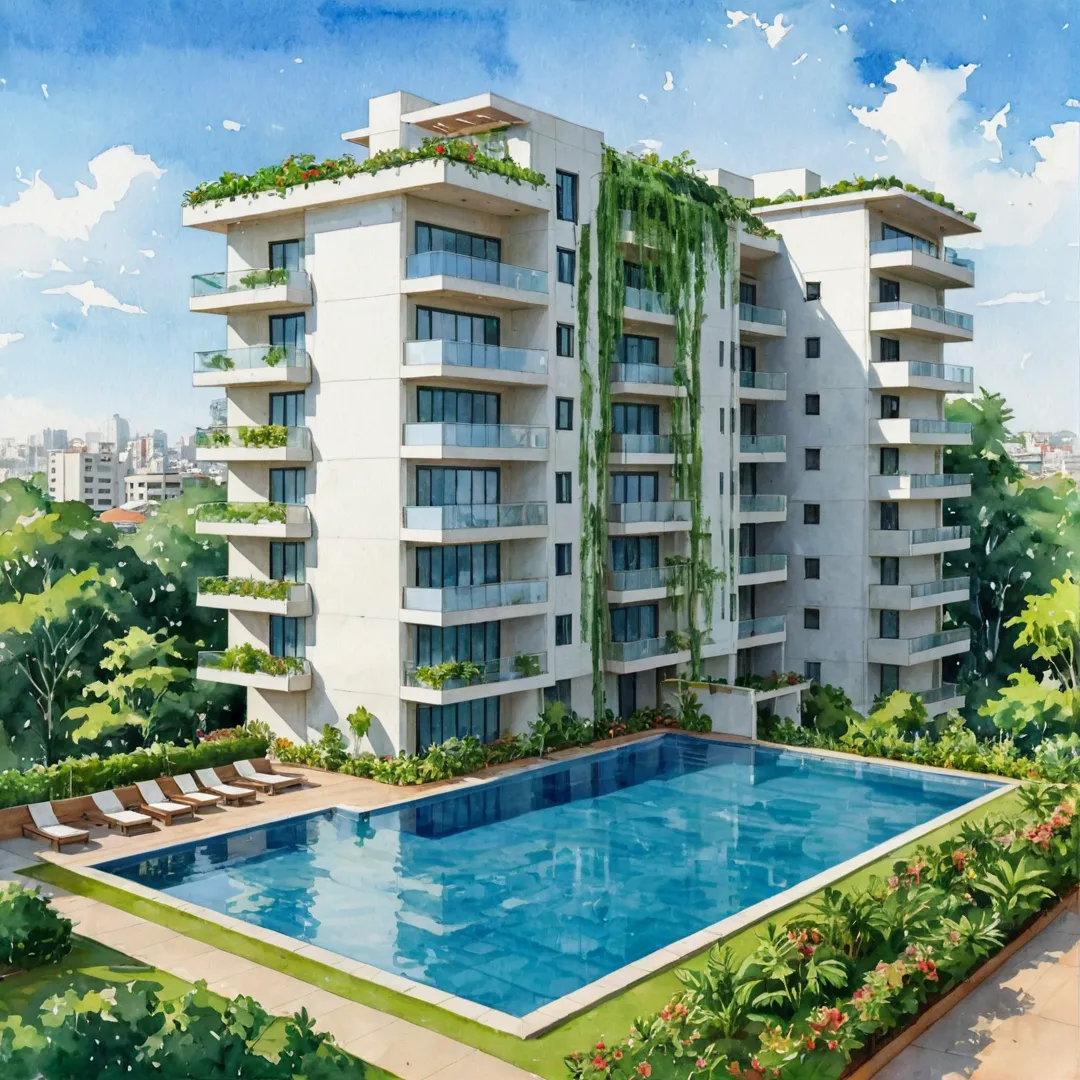 uxurious apartment building, modern architecture, Bangalore skyline, lush greenery, swimming pool, rooftop garden, futuristic design, tech hub access.