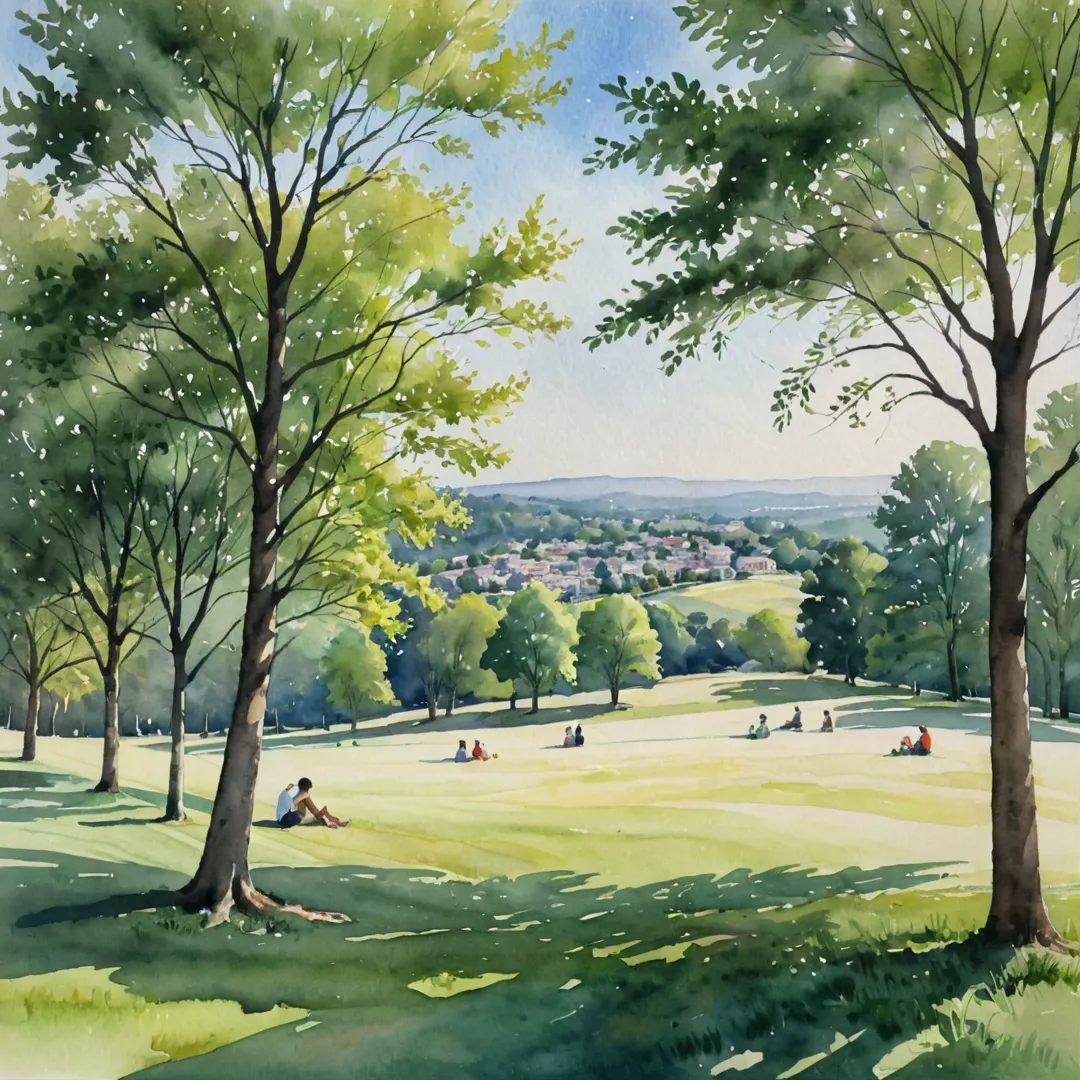 atercolor painting of a serene grassy landscape with gentle slopes, inviting residents to relax and unwind. The picture captures a sense of community as people engage in various activities on the mounds. Sunlight filters through trees, casting dappled shadows over the softly undulating hills. In the background, a gated community provides a sense of security and exclusivity while preserving the natural beauty of the environment.