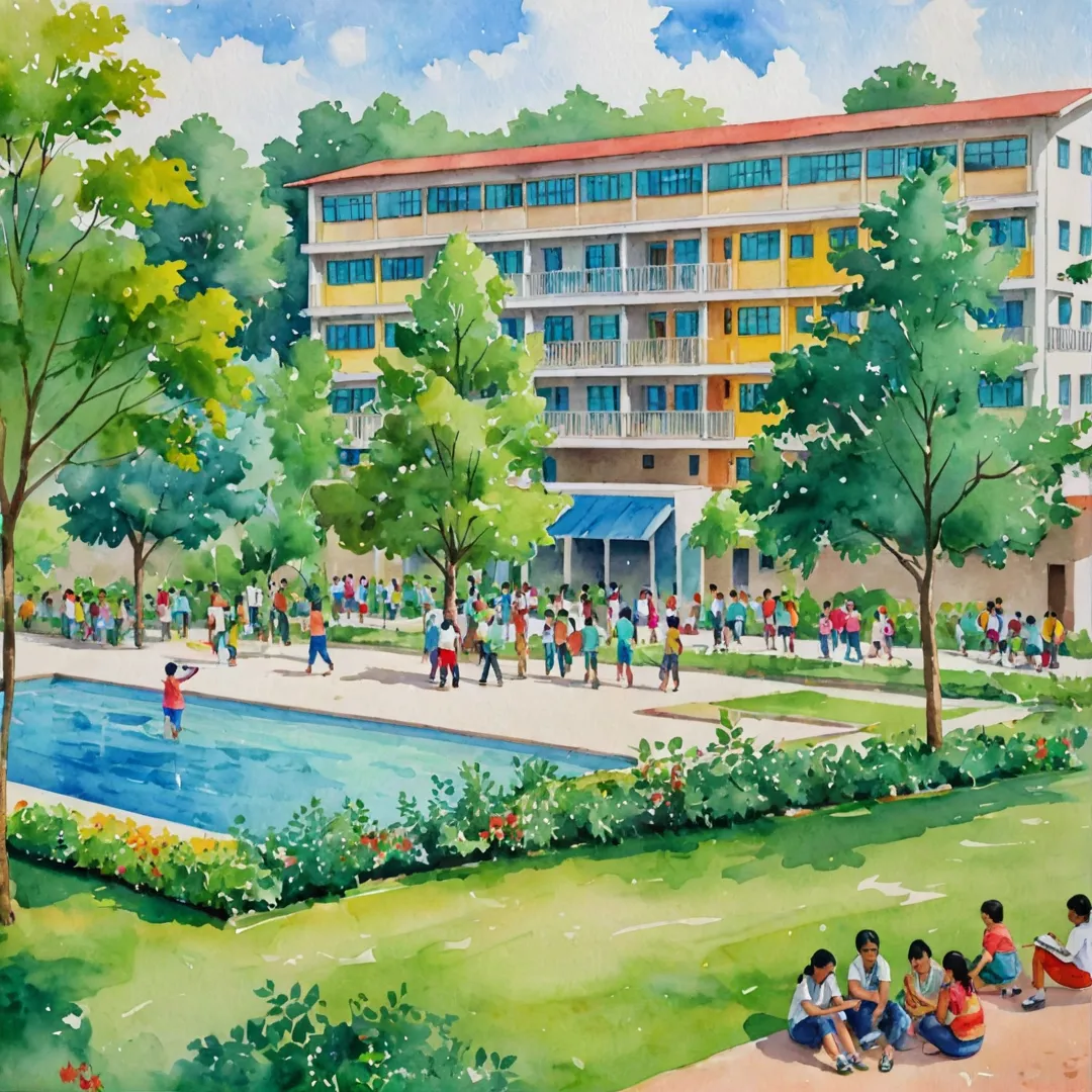 odern school campus, surrounded by greenery, students playing, colorful buildings, happy faces, diverse crowd.