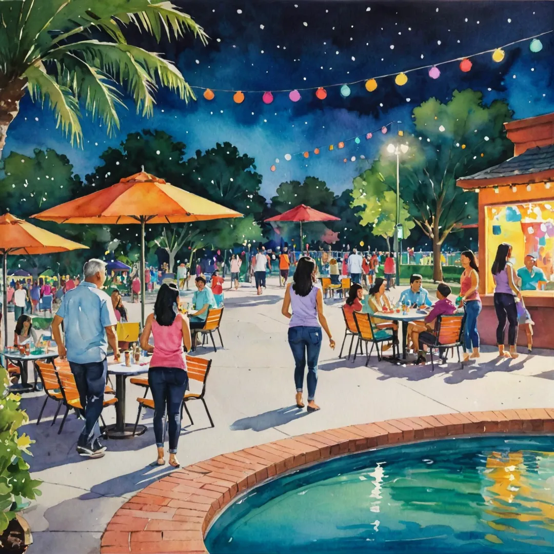 esidents of Alita enjoying a night out at the park, surrounded by vibrant colors and lights from nearby entertainment centers.