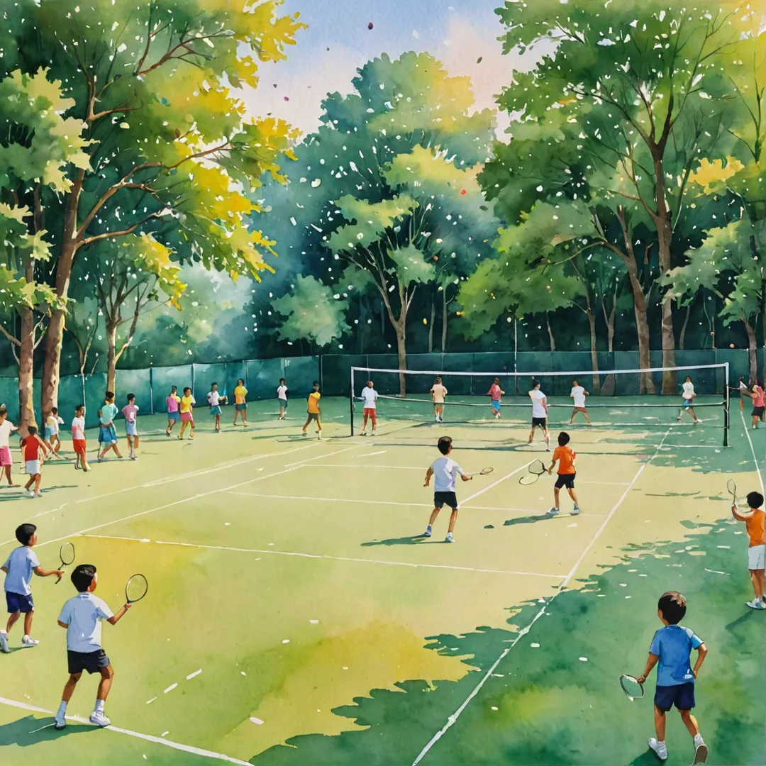 ibrant watercolor painting of a bustling badminton court, filled with colorful shuttlecocks and players engaged in playful rallies. The background features lush green trees swaying gently in the breeze while children frolic around the court's perimeter. The sun dips below the horizon, casting a warm golden light over the entire scene, accentuating its cheerful and wholesome atmosphere.