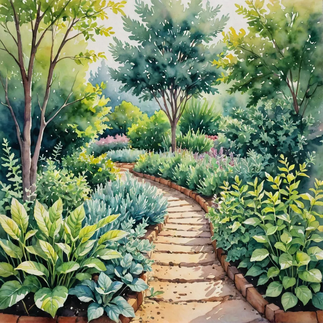 atercolor painting of a herb garden, plants growing in neat rows, vibrant colors, sunlight filtering through trees, serene atmosphere, community space