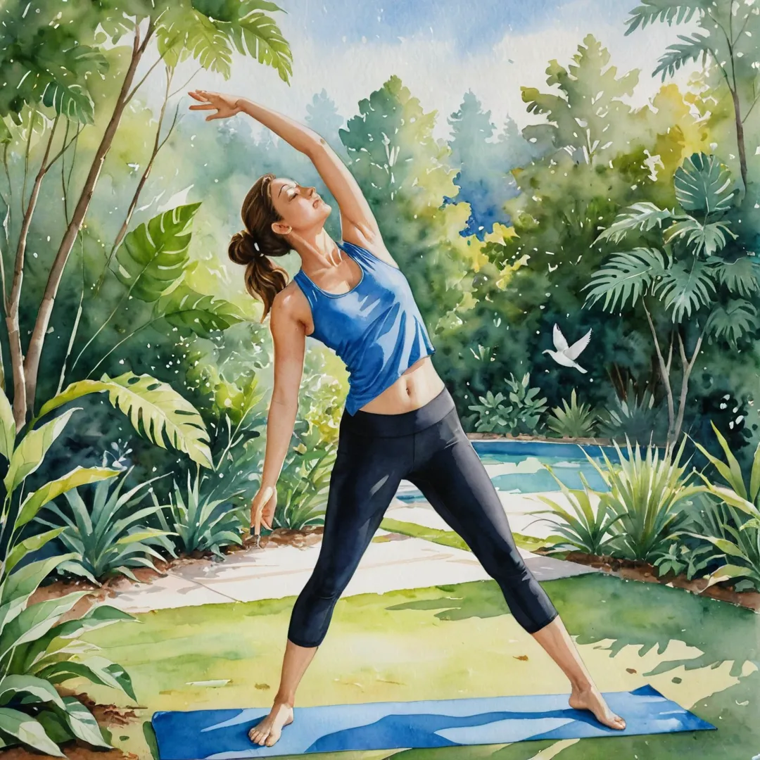 atercolor painting of a serene yoga retreat with a beautiful woman in a blue top and black pants performing an asana, surrounded by lush greenery, under the warm sunlight, while birds chirp in the background. The scene should be calming and inviting to the viewer, showcasing the beauty of nature and the harmony between body and mind.