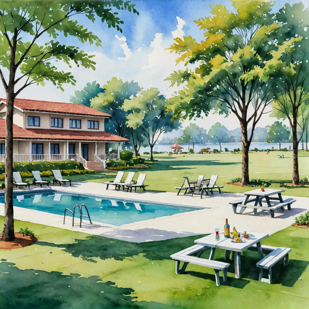 icnic spot, outdoor dining, lawns, seating arrangements, BBQ facilities, community interaction, families, friends, socializing, leisure activities, well-maintained, serene atmosphere, relaxing environment, diverse amenities, recreational options, close-knit community.