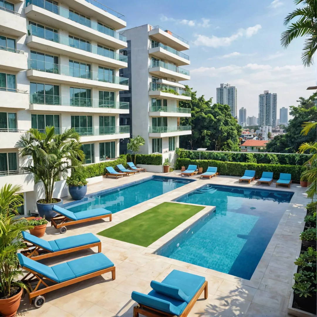 odern apartment building exterior, luxurious living room interior, city skyline view, state-of-the-art gym equipment, swimming pool with sun loungers, rooftop garden, greenery, serene ambiance