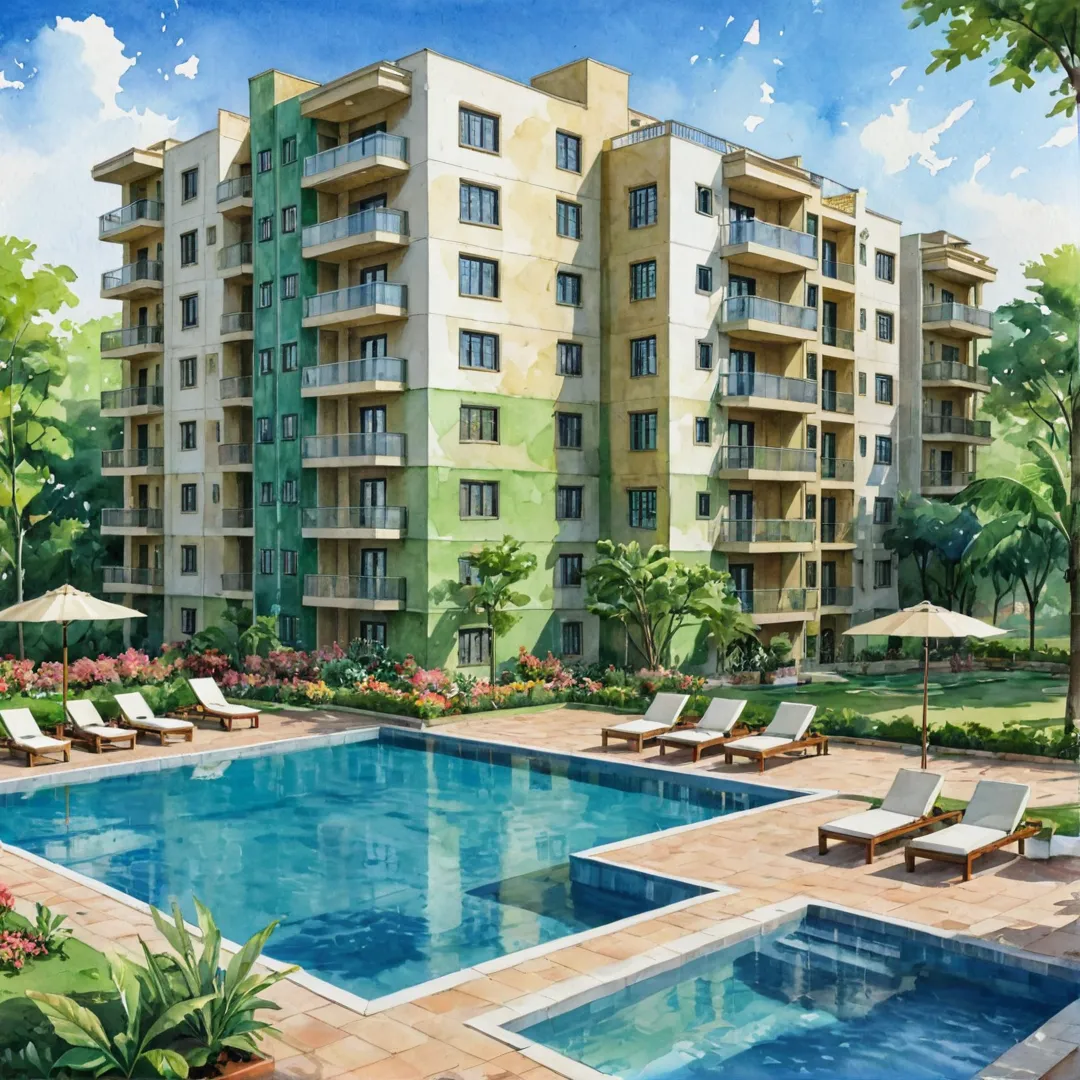 uxurious apartment building, lush green environment, modern design, outdoor recreation areas, urban landscape, serene ambiance, community living, state-of-the-art amenities.