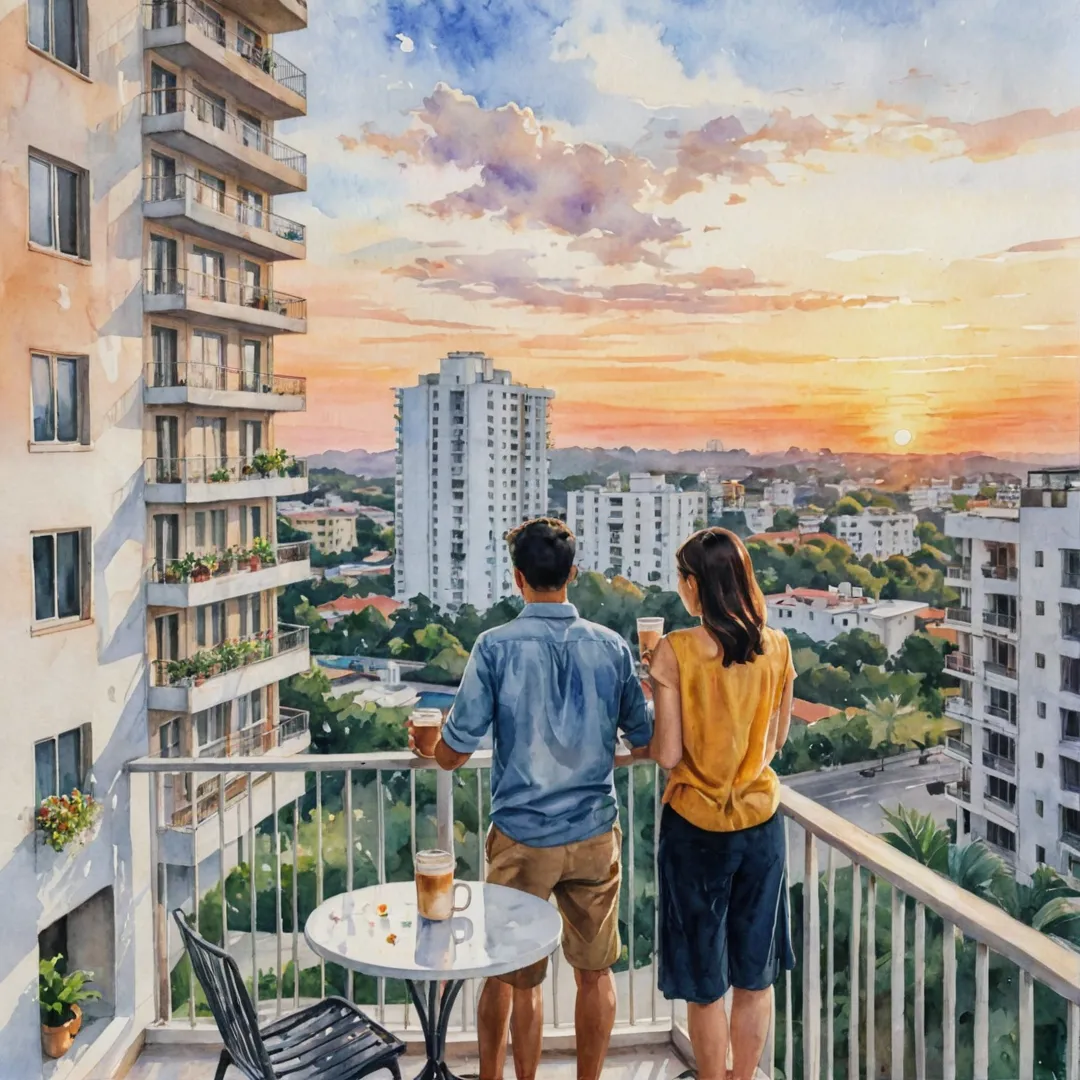 unset view from balcony, couple enjoying coffee, modern apartment building in background, peaceful atmosphere