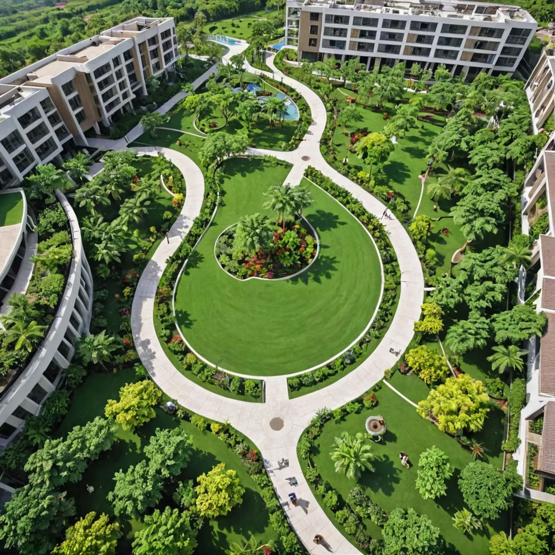  beautifully designed landscape with lush greenery and well-maintained pathways. The image should showcase the diversity of plot sizes, natural light exposure, ventilation, and strategic placement of amenities. Additionally, it should highlight the community aspect of Alita, including shared workspaces, centralized gathering areas, playgrounds, sports facilities, and seating arrangements. The overall tone should be inviting, sustainable, and harmonious.