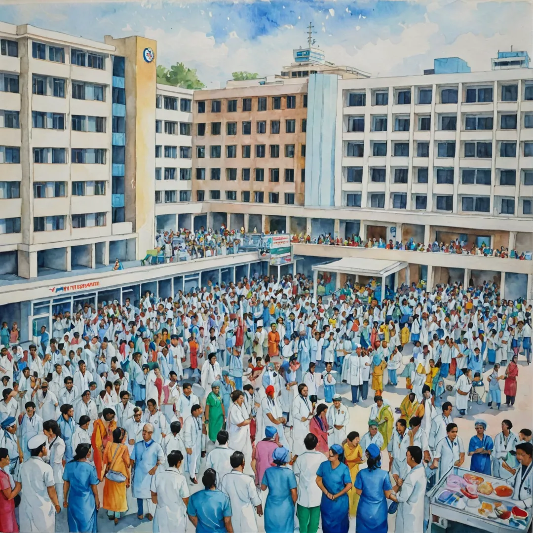 atercolor painting of a bustling hospital scene, filled with people and movement. The background features a colorful, vibrant cityscape, representing Alita's location in Bangalore East. In the foreground, various departments within the hospital are depicted - an emergency room with doctors attending to patients, an operating theater with surgeons at work, and a pediatric ward where children recover under the watchful eye of nurses. The painting captures the essence of the article by showcasing the diverse healthcare facilities available in Alita.