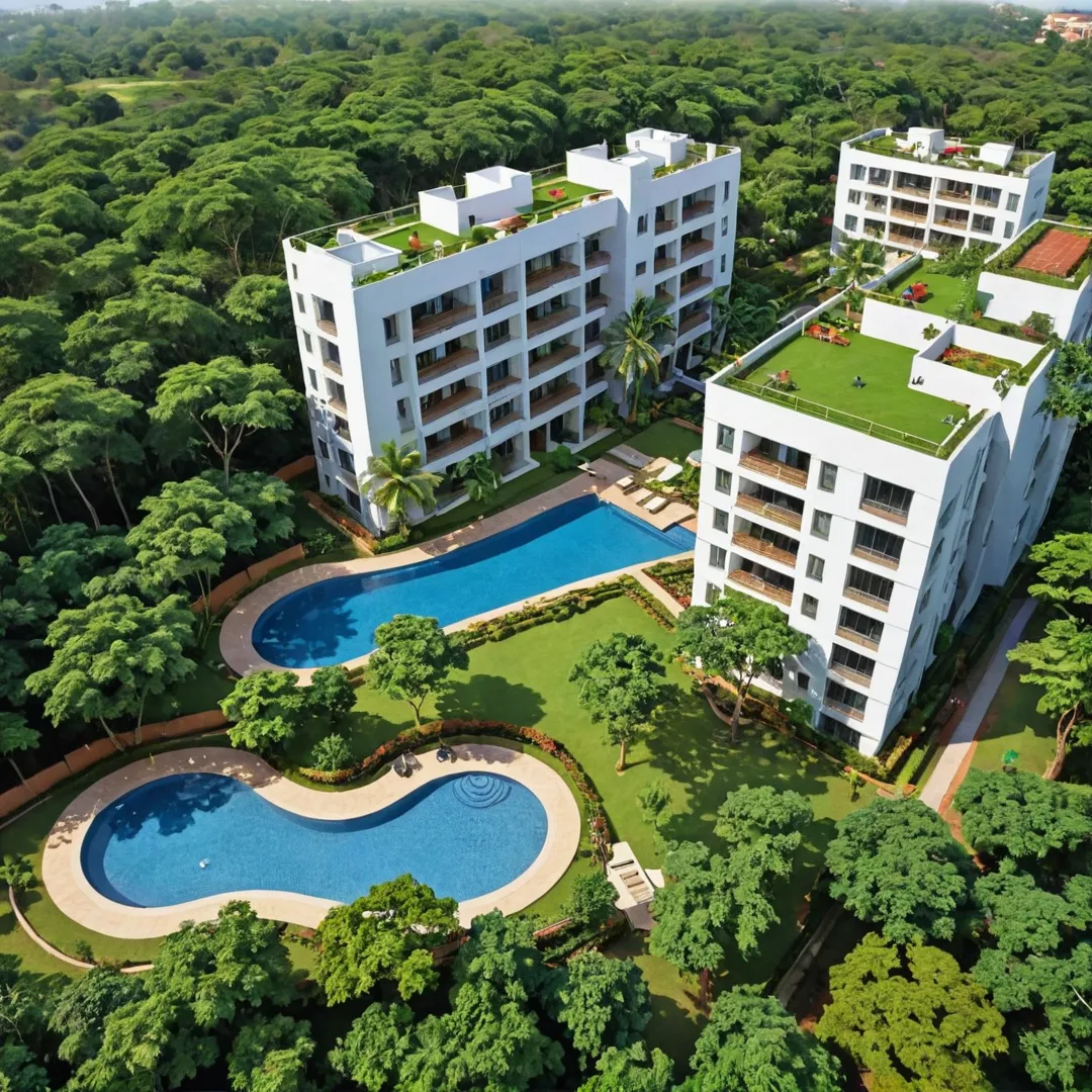 atercolor painting of a serene residential oasis, nestled in the heart of Bangalore East. The landscape is masterfully crafted with lush greenery and natural beauty seamlessly integrated into essential amenities. The image showcases expansive open areas, vibrant community spaces, and a peaceful retreat from city life. It highlights a sense of tranquility and connection to the environment while emphasizing the convenience of its strategic location.